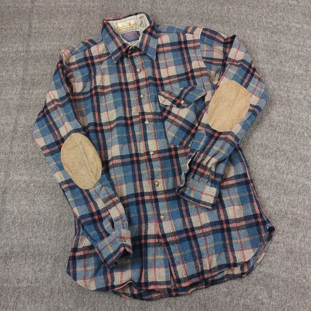 VTG Pendleton Lobo Flannel Shirt Men Med Blue Plaid Wool Made in USA Elbow Patch